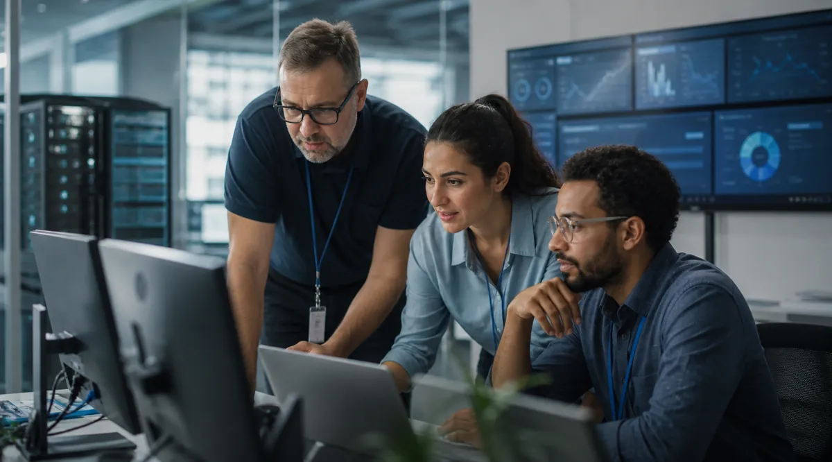 Three IT professionals collaborating on a technology issue in a modern workplace.